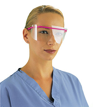 A model wearing infection control goggles